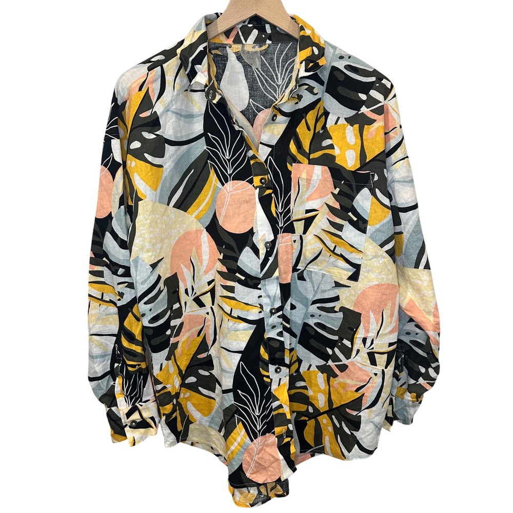 CALIA Button Up Shirt Women Tropical Leaf Size‎ M Multicolor Resort Swim Beach - Picture 2 of 16